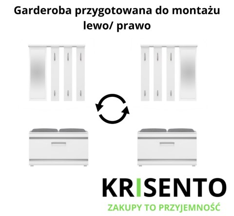 Schemat techniczny wieszaka GAR-102-BIEL-MAT prezentujący możliwość montażu na lewą lub prawą stronę.
