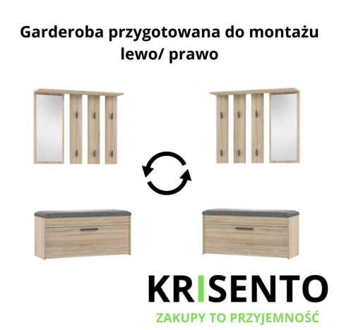 Schemat techniczny garderoby GAR-106-SON prezentujący opcje montażu panelu z lustrem po lewej lub prawej stronie.