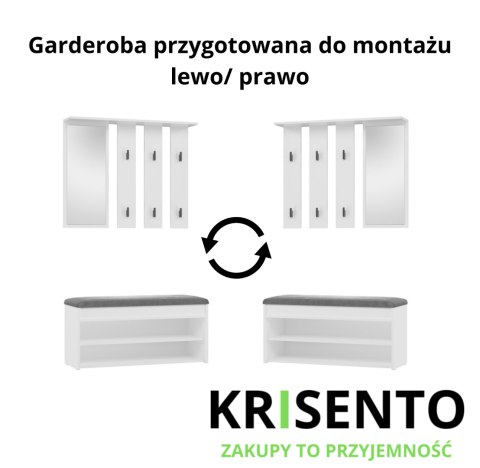 Schemat techniczny mebli GAR-107-BIEL-MAT prezentujący możliwość montażu wieszaka z lustrem na prawą lub lewą stronę.