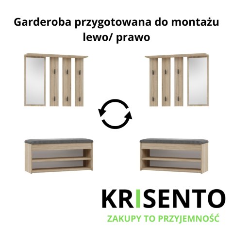 Schemat techniczny garderoby GAR-107-SON prezentujący sposób montażu wieszaka z lustrem na lewą lub prawą stronę.