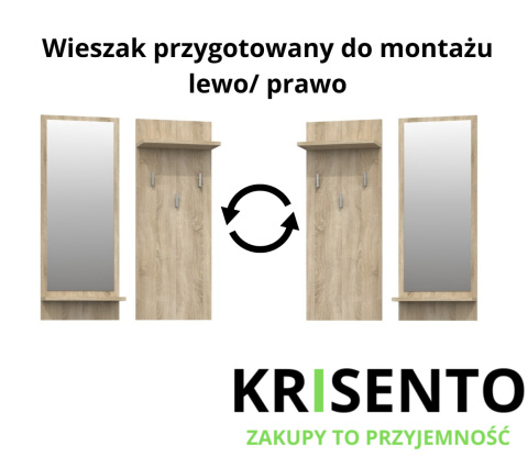Schemat techniczny wieszaka WIESZ-605-SON prezentujący możliwość montażu na lewą lub prawą stronę.