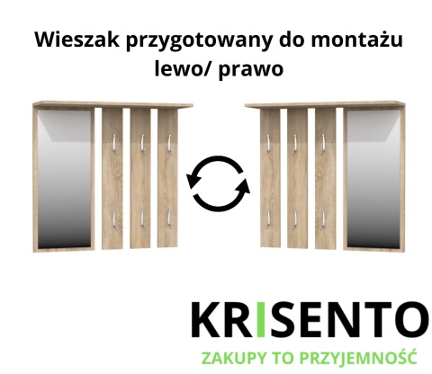 Schemat techniczny wieszaka WIESZ-602-SON prezentujący możliwość montażu z opcją zawieszenia lustra na lewą lub prawą stronę.